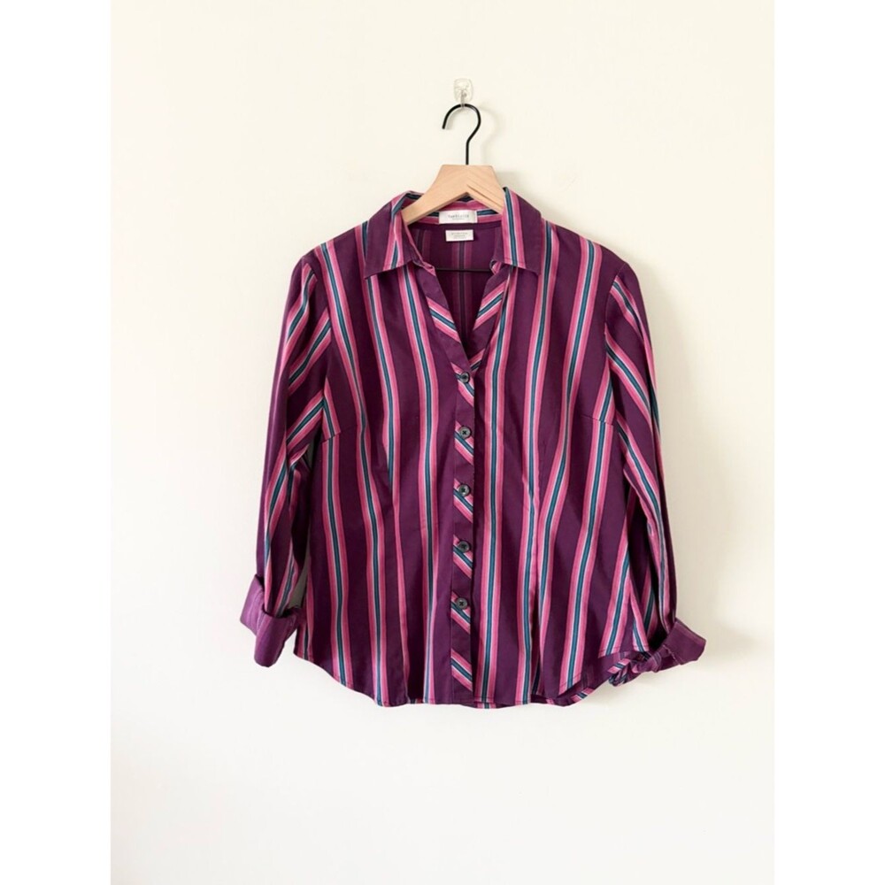 VanHeusen Women's Striped Button-Front Shirt - Maroon Multi Stripe Size M